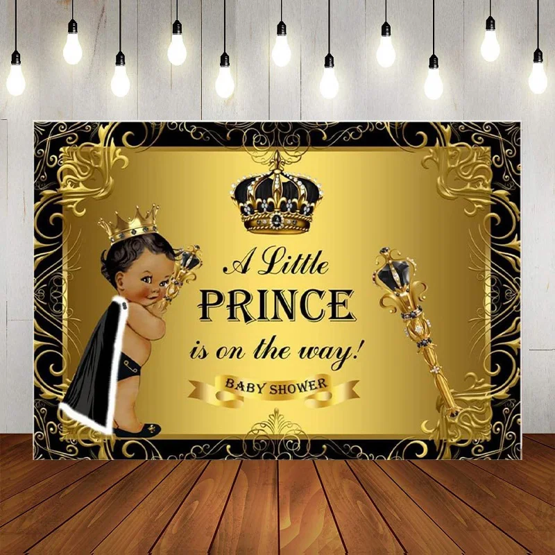 Prinz Babyparty Hintergrund Schwarz Gold Kleiner Prinz auf dem Weg Fotografie Hintergrund Jungen Neugeborene Oh Junge Krone Zepter Banner