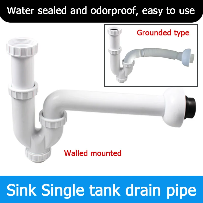 Kitchen Single Sink Outlet Pipe Set PP PVC Plastic Dia 45.2mm Water Trap Drainage Anti-odor Anti Backflow Tube Length 330-380mm