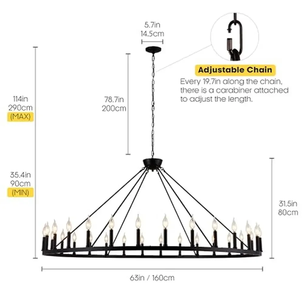 Grande lustre rústico de fazenda, 30 luzes, preto, redondo, iluminação, vintage, retrô, sólido, brilho confortável, e12, compatível com lâmpadas não