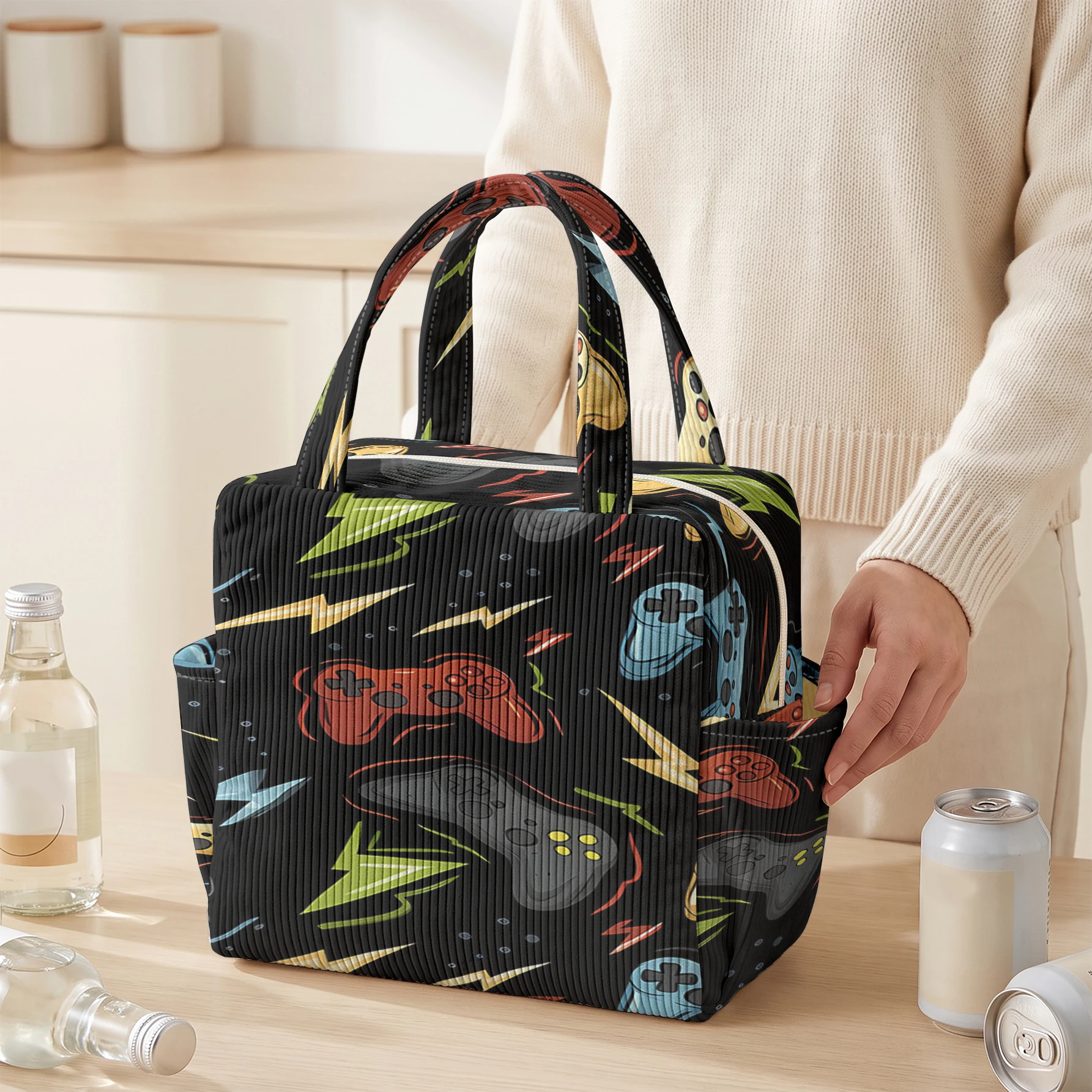 Game Controller Print Insulated Lunch Bag Large Capacity Thermal Tote Bag For Work Picnic Daily Use