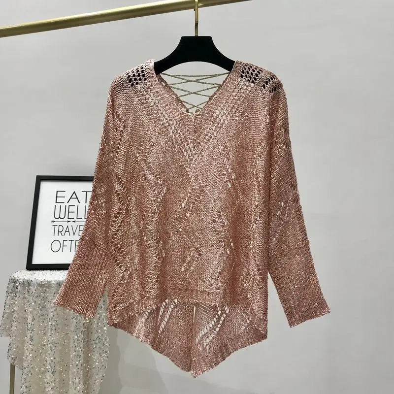 Autumn and Winter Gold Thread Sequin Loose Bat Sleeves Hollow Sequined Sweater Sparkling Backless Lace-up Top for Women Trendy