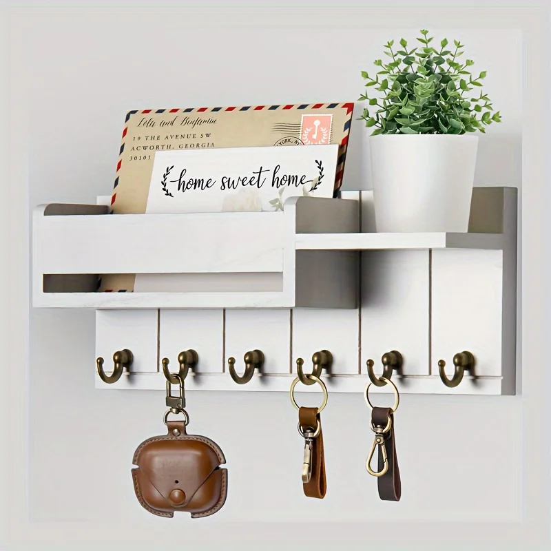 1 Simple Wooden Keychain With Hooks Shelves Wall Mounted Mail Key Storage Suitable For Entrances, Kitchens, And Living Rooms -