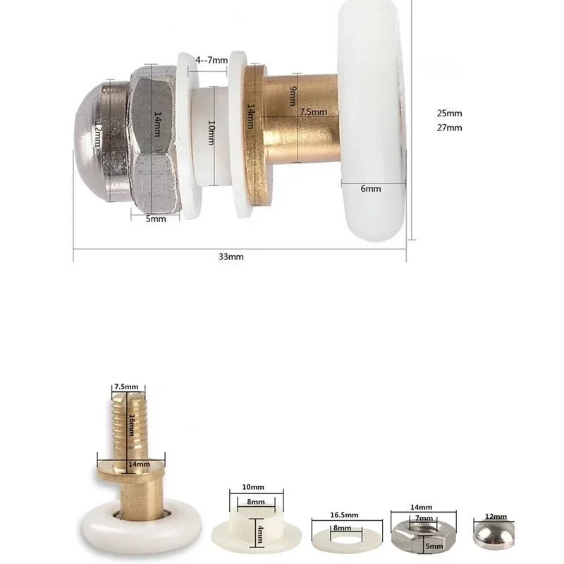 4pcs 23/25/27mm Replacement Brass Bathroom Shower Door Roller Runner Glass Sliding Door Wheel Pulley