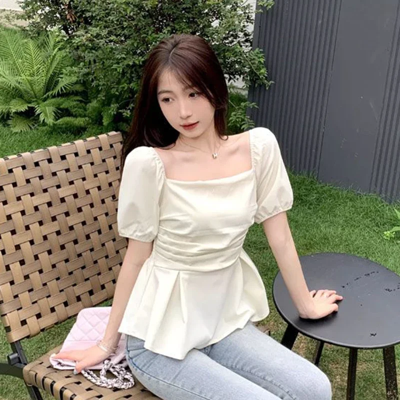 Folds Puff Short Sleeve French Woman Shirt Square Collar Solid Slim Ladies Blouse Fashion Casual New Ruffles Female Tops