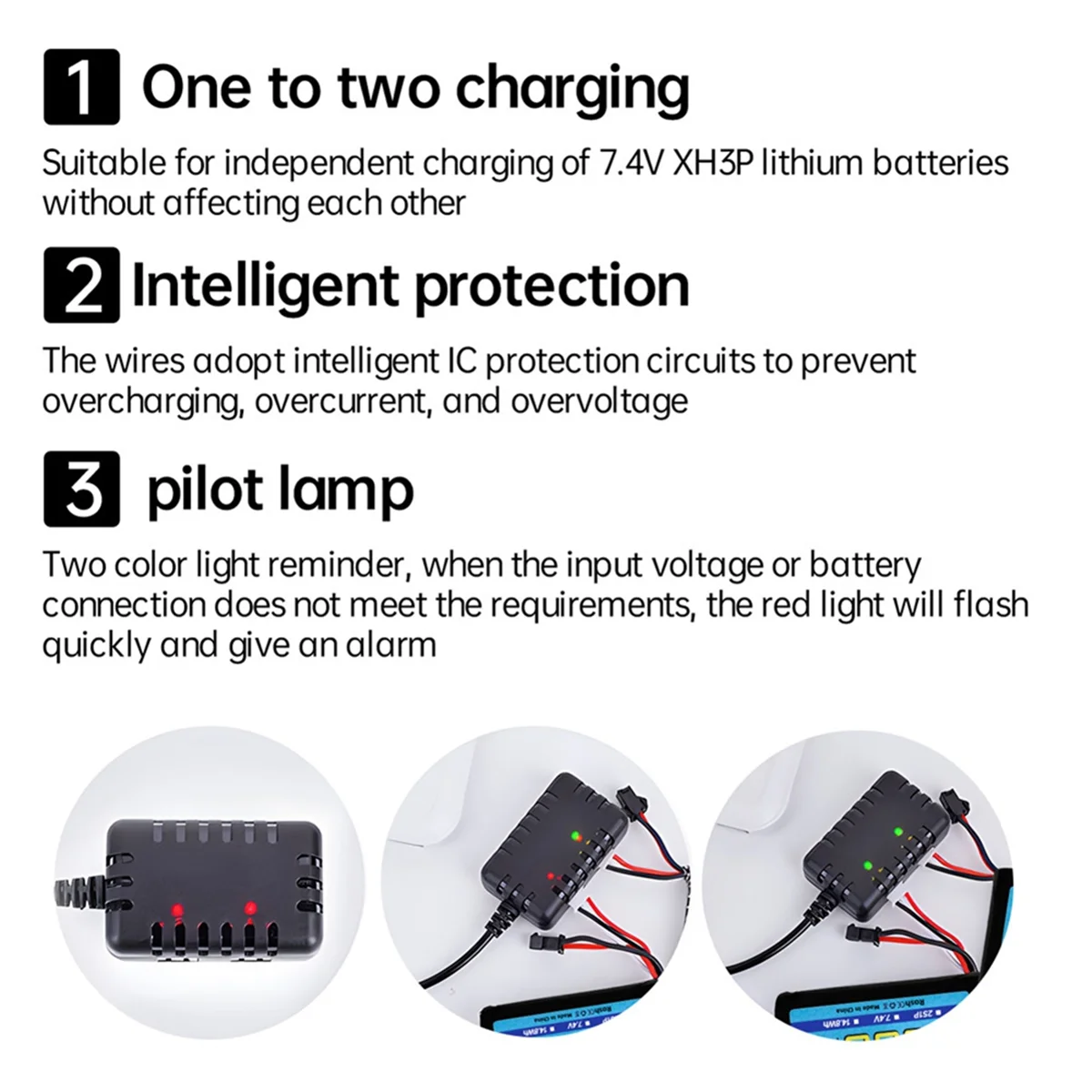 2S 7,4V 2-in-1-Ladegerät mit XH-3P-Anschlussstecker für AX24 SCX24 UTB18 SCX24 RC-Autos und LKWs, 7,4V 2S Lithiumbatterien