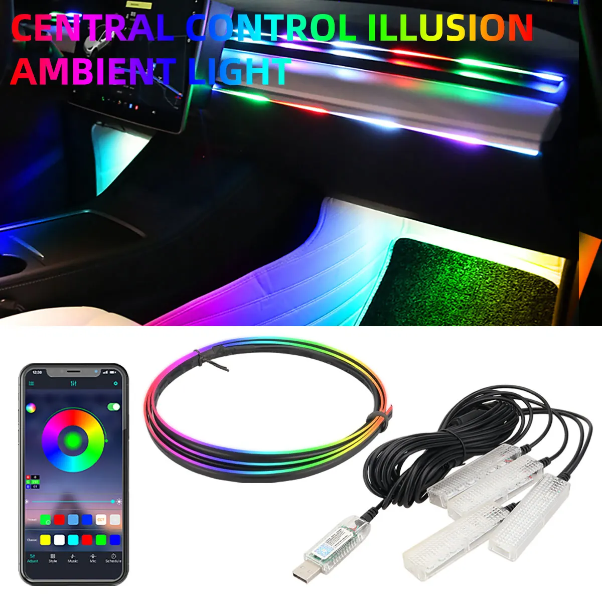 Car Instrument Panel Decorative Light Foot Light Symphony RGB APP 146SMD 110cm & 35cm LED Strip Central Control Atmosphere Light