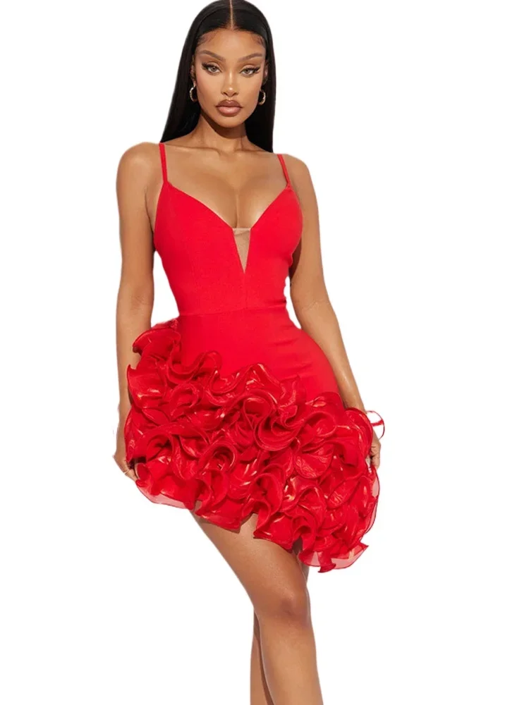 Beautiful Red Ruffle Mini Dress Women Luxury Evening Dress Glam Straps Fitted Chirstmas Cocktail Dress New Year Robes