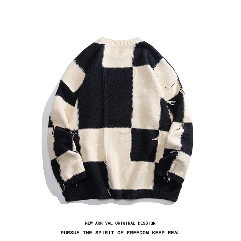 Korean Couple Checkerboard Jumper Loose Round Neck Pullover Knitted Sweater Tassel Design Street Knitwear Casual Clothing
