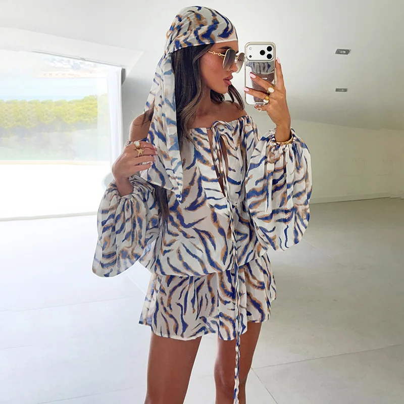 STYLISH LADY Zebra Stripe Print 2 Piece Outfit Women Off Shoulder Puff Long Sleeve Drawstring Short Jumpsuits with Headband