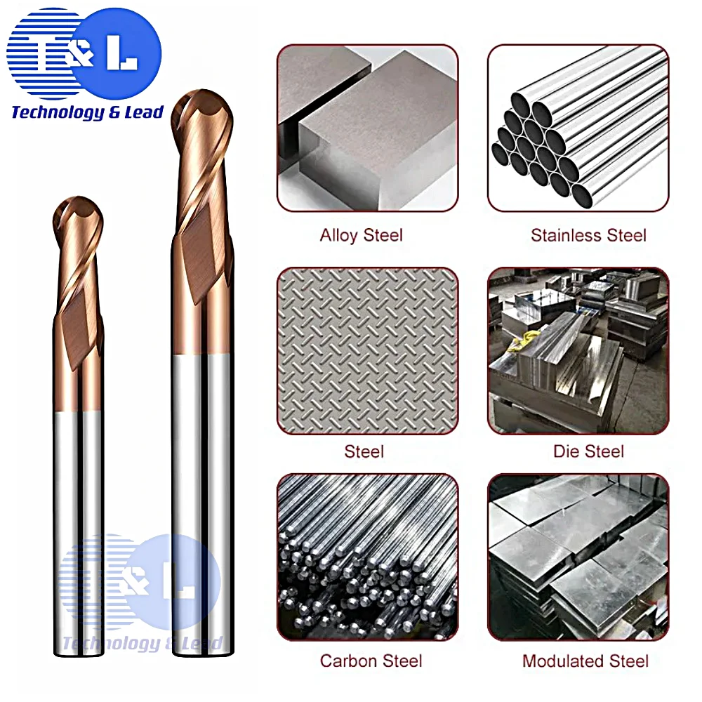 T&L HRC68 2Flutes Milling Cutter Tungsten Steel Carbide Ball Nose End Mill For CNC Mechanical Metals Machining Endmills Tools