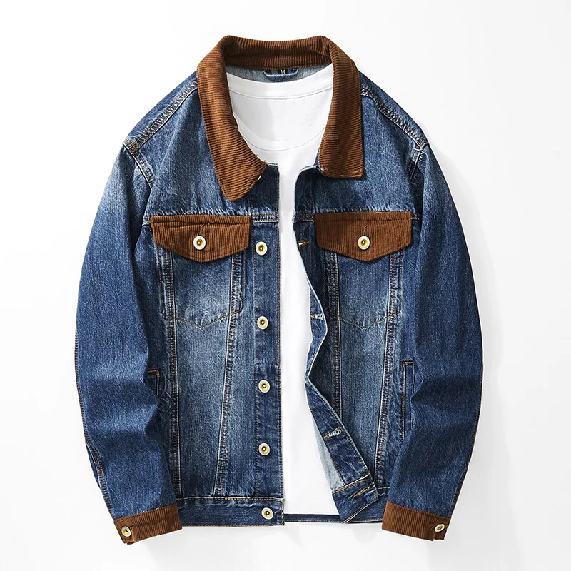 

New Trendy Brand Loose And Cool Corduroy Splicing For Vintage Denim Jacket Men Washed With Water