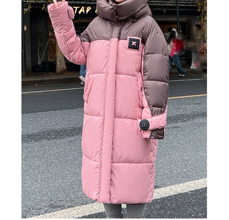 Large Size Long Over Knee Fashionable Cotton Jacket for Women, Contrasting Color Hooded Cotton Jacket for Women