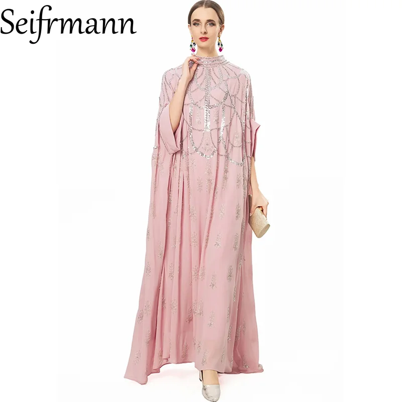 

Seifrmann 2026 Summer Women's New Fashion Round Neck Bat Sleeve Heavy duty Nail Bead Loose Long Dress