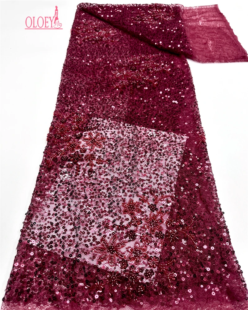

OLOEY The Latest Luxury Multiple color options Embroidery Tulle With Nigerian Handmade Sequin Beads Lace Fabrics For 5yards Dre