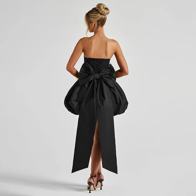 Trägerloses Satin-Kleid mit Großer Schleife, Rückenfreies Kurzrock-Kleid für Hochzeit, Party, Dinner, Sexy Trägerloses Abendkleid für Damen – Detail 16