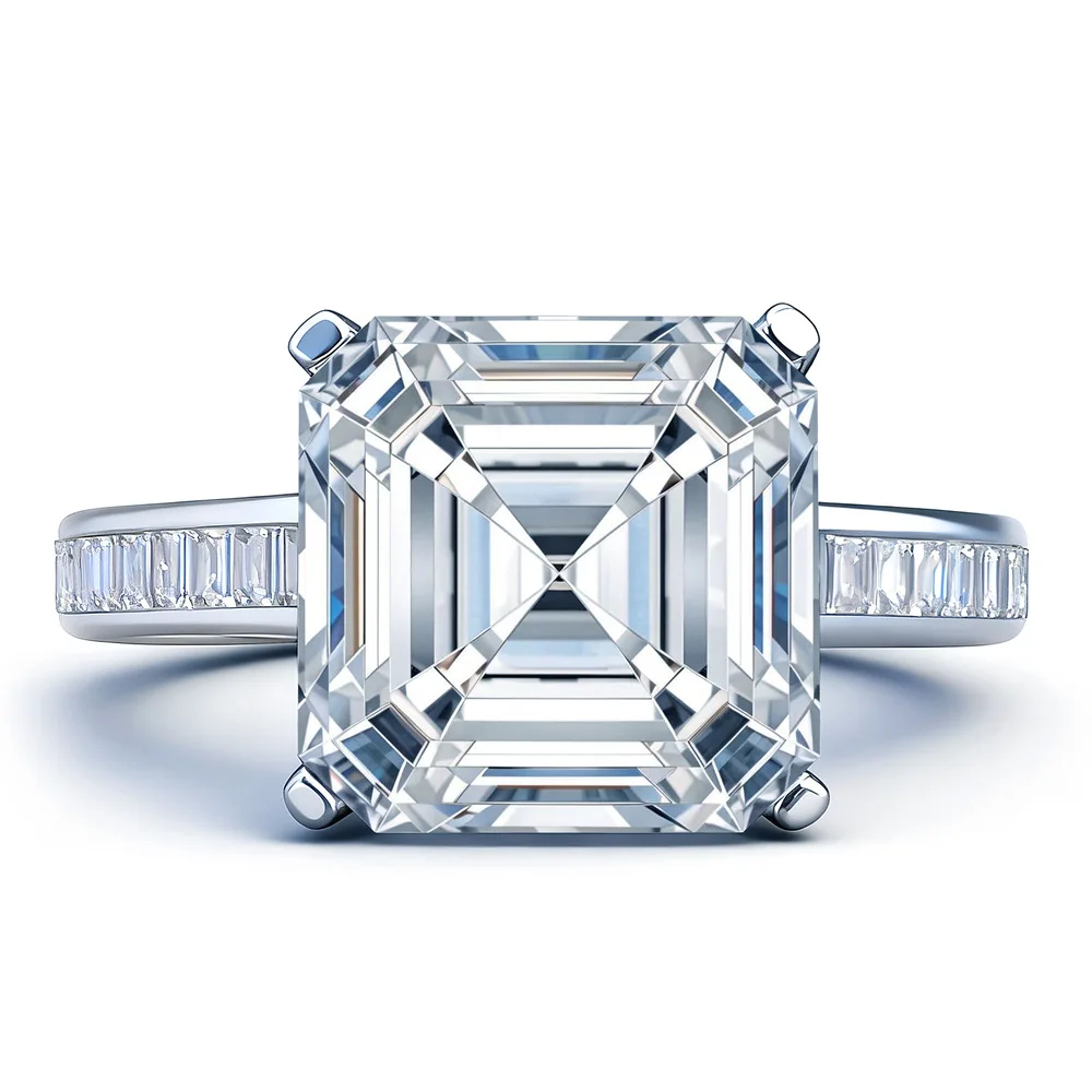 

S925 Rhodium Plated Silver 5CT D Color Asscher Cut Moissanite 10x10mm Square Pagoda Ring for Women, Exquisite Jewelry
