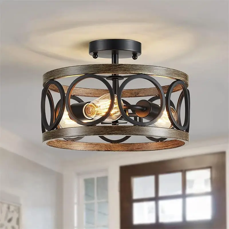 Bedroom ceiling lamp American country retro industrial style creative antique wood grain round dining room study living