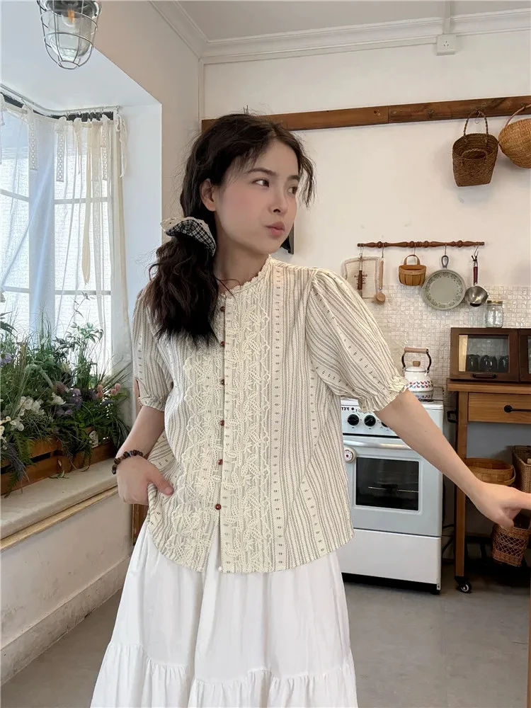 

French Retro Lace Patchwork Striped Shirt Women 2025 Summer Sweet Single Breasted Short Sleeved Top Casual Chic Blouse