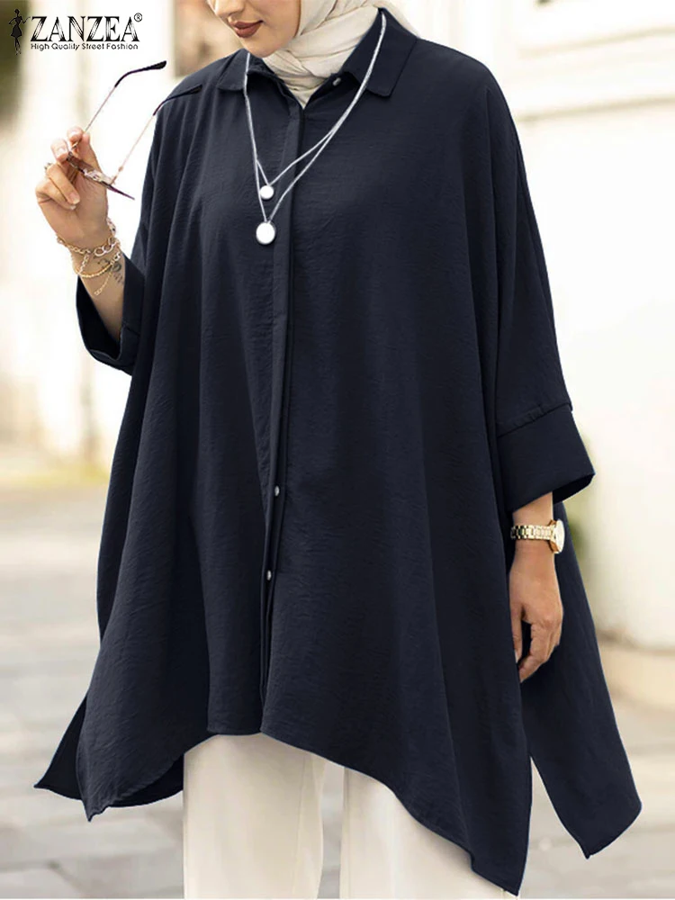 

2025 ZANZEA Muslim Blouse Women Autumn Lapel Long Sleeve Tops Stylish Long Shirt Dubai Abaya Kaftan Solid Loose IsIamic Clothing