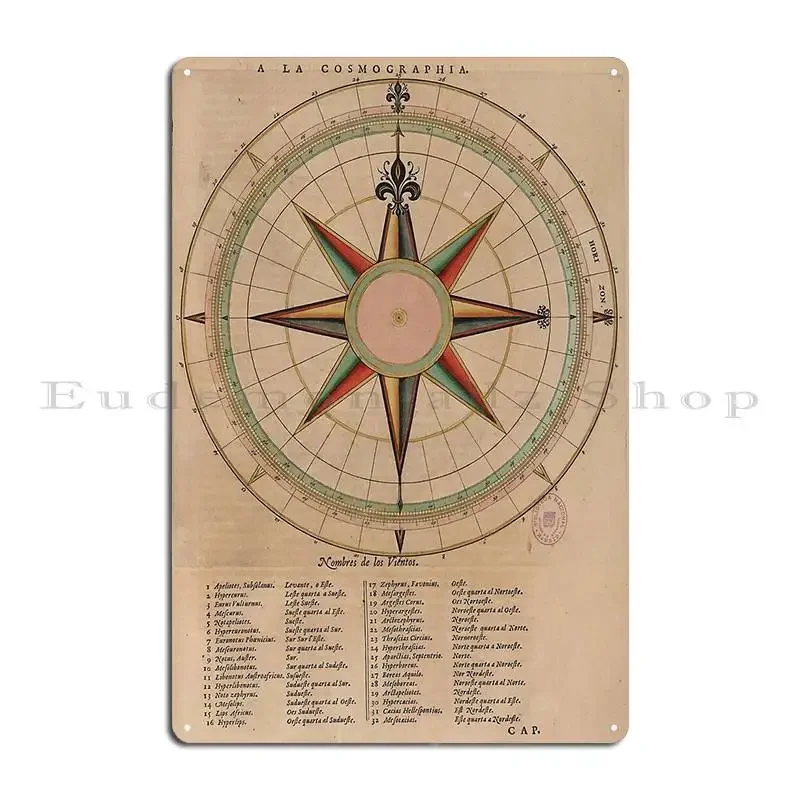 Vintage Compass Rose Diagram 1664 Metal Plaque Poster Pub Garage Cave Personalized Wall Plaque Tin Sign Poster
