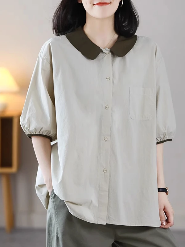 

Casual Collar Doll irt Women's Summer New Sle Faionable All-Match Slimming Large Size Five-Sve Collar irt
