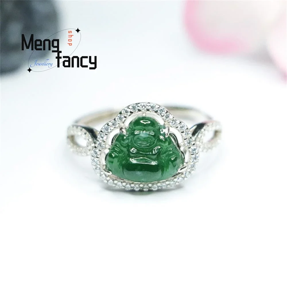 

S925 Silver Lnlaid Natural Ice Jadeite Blue Water Maitreya Ring Exquisite Elegant Charm High-grade Couple Luxury Quality Jewelry