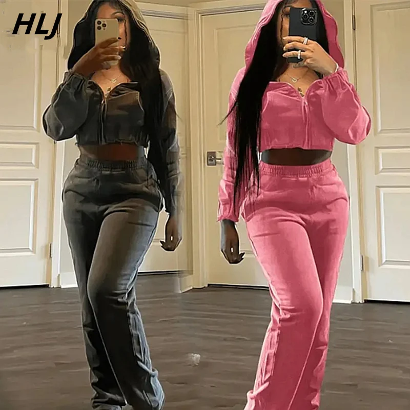 HLJ Autumn Casual Solid Color Jogger Pants Two Piece Sets Women Zipper Hooded Long Sleeve Crop Top And Pants Outfits Tracksuits