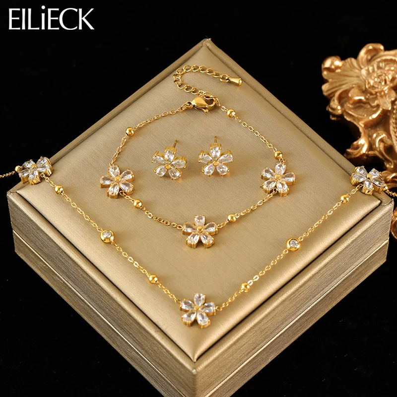 EILIECK 316L Stainless Steel White Zirconia Flower Petal Necklace Bracelet Earrings Set For Women New Trendy Jewelry Party Gift