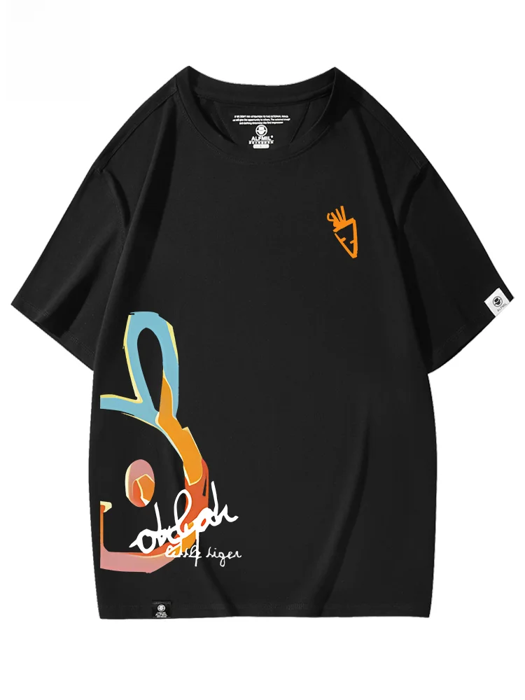 Alfmiltrendy 브랜드 프린트 오버사이즈 루즈핏 티셔츠 남성복 퓨어 코튼 반팔 라운드넥 반소매 커플 