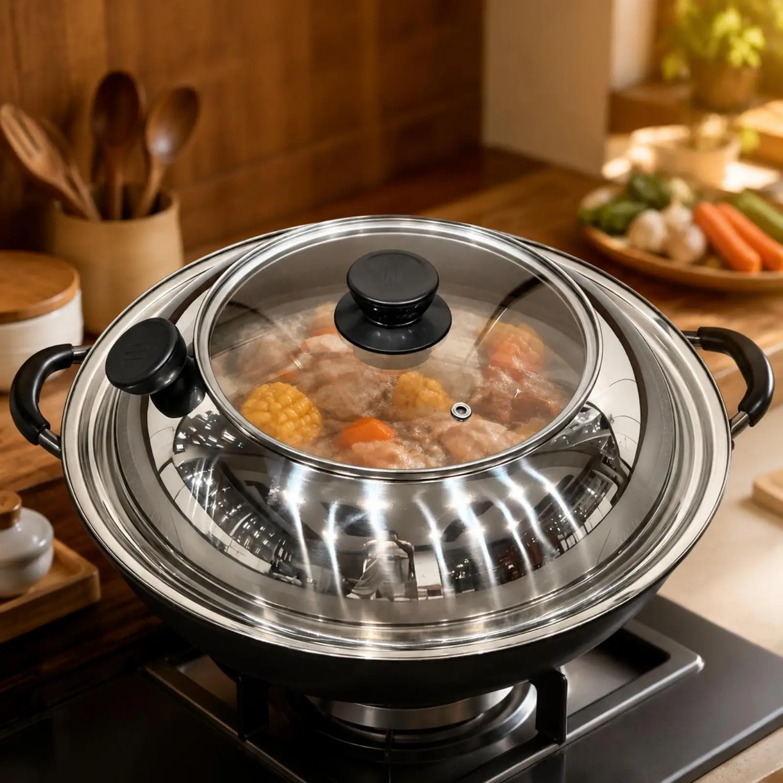 Stainless Steel Splash Proof Pan Lid with Clear Glass Window for Frying Simmering Steaming Use