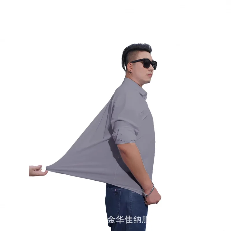 Plus Size Men's Elastic Natural Color Button Long Sleeve Shirt Men's Top