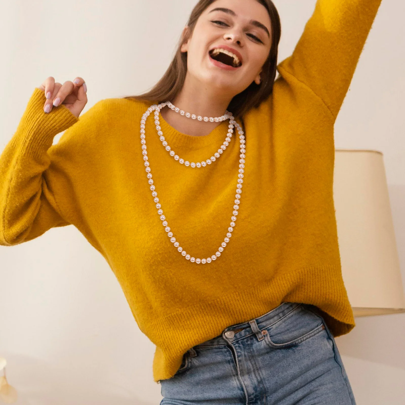 معقود اللؤلؤ قلادة الطبقات سترة طويلة سلسلة مجوهرات لحفلات الزفاف الرسمية ملابس غير رسمية أنيقة مقلد اللؤلؤ الإكسسوار #3