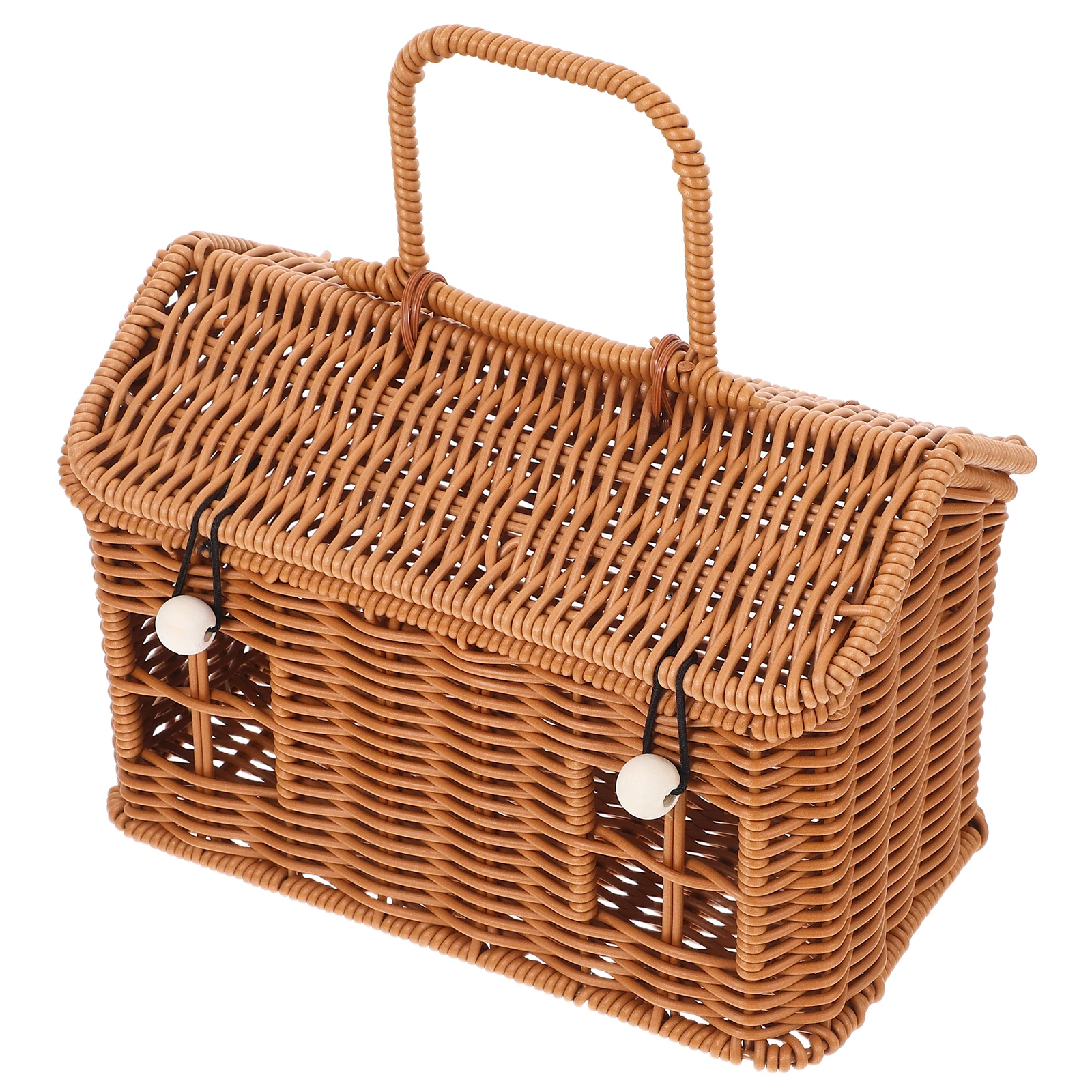 

Plastic Woven Rattan Shape Storage Basket Lid Handle Decorative Fruit Snack Organizer Bathroom Shelf Living Room