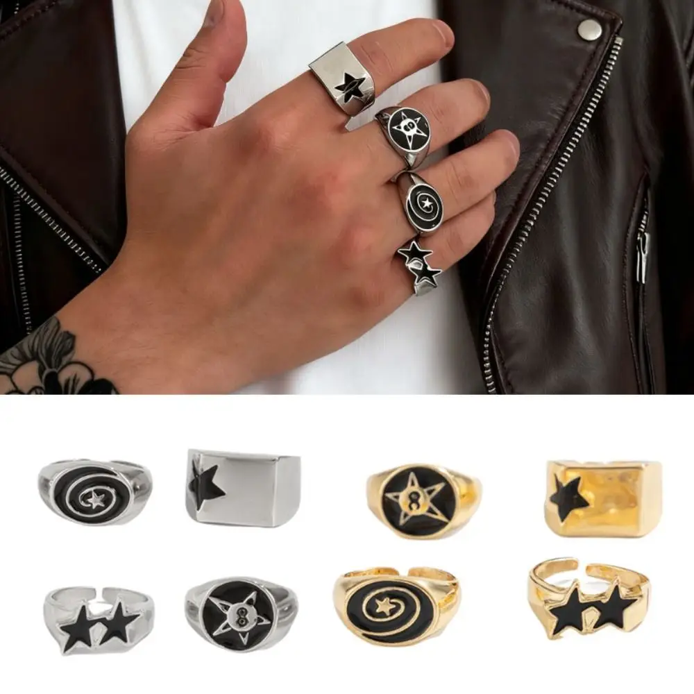 4pcs Irregular Design Geometric Open End Rings Bold Design Black Five-Pointed Star Punk Couple Rings Vintage Knuckle