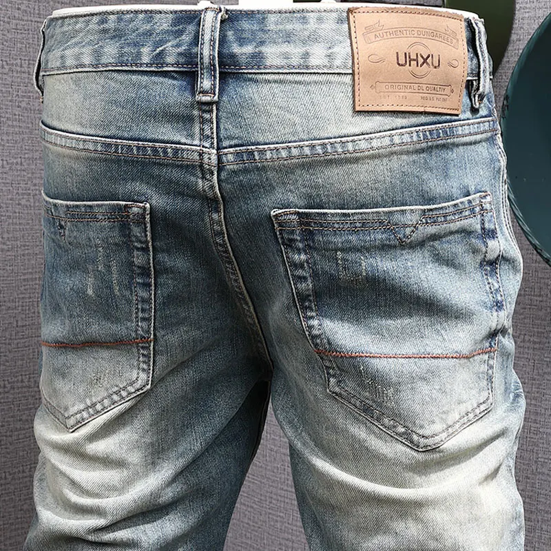 Street Fashion Men Jeans Retro Washed Blue High Quality Elastic Slim Fit Ripped Jeans Men Vintage Designer Casual Denim Pants