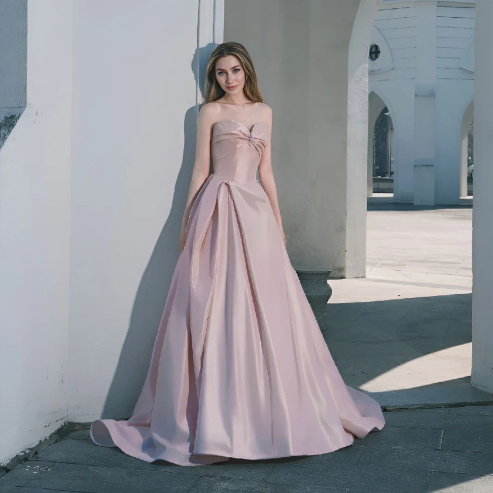 

ESBRIDE Elegant Evening Dresses Curvy Light Pink Dress Custom Made Wedding Evening Gown Brithday Party Blackless Evening Dresses