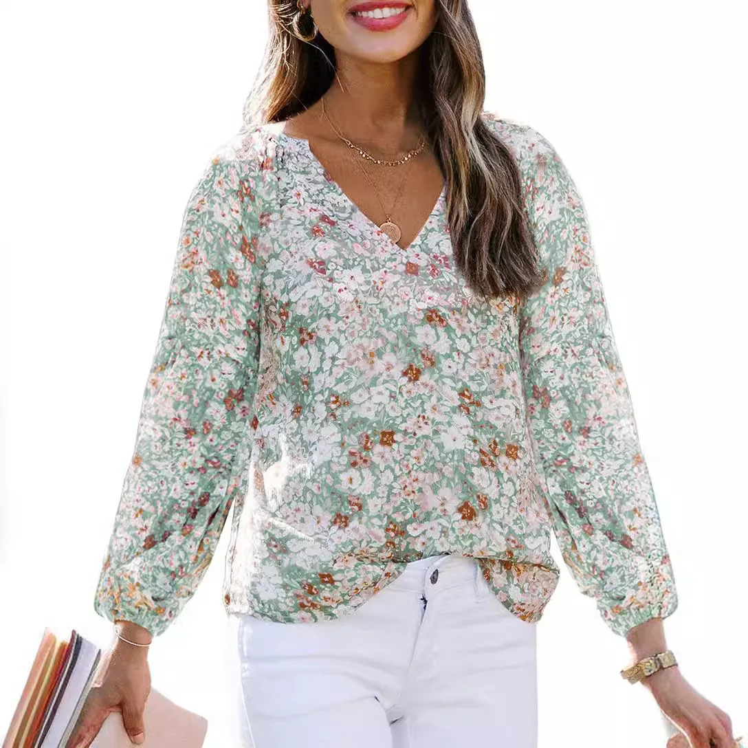 

2025 Spring Summer Elegant Fashion Women Shirts V-Neck Tops Lantern Sleeves Floral Print Chiffon Loose Pullover Streetwear Shirt