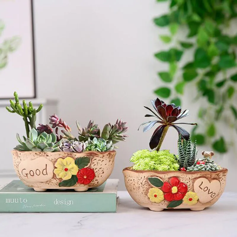 

Handpainted Flowerpot Coarse Pottery Succulent Plant Pot Big Caliber Vase Planter Container Home Garden Decor