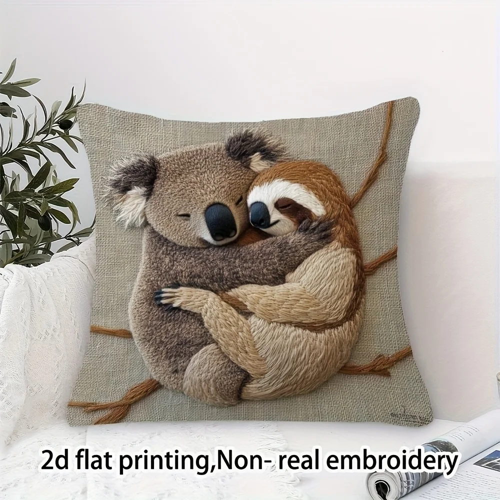 1pc Animal Pillow Cover, Polyester 2D Double-Sided Print, Cute Koala & Sloth Hug Art, Animal Lover Home & Car Decor Gift