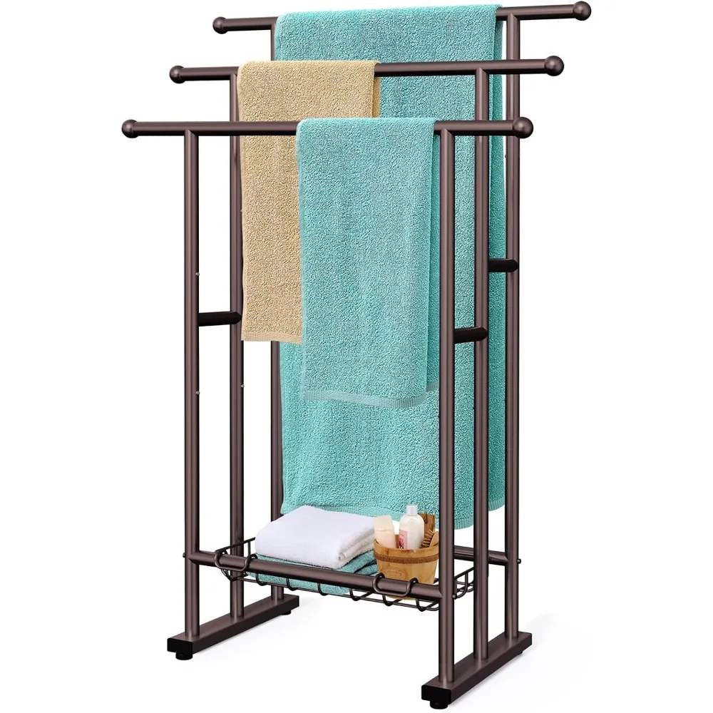 

40" Tall Standing Towel Racks for Bathroom, 3 Tier Towel Rack Stand with Storage Basket, Blanket Ladder Drying and Display Rack