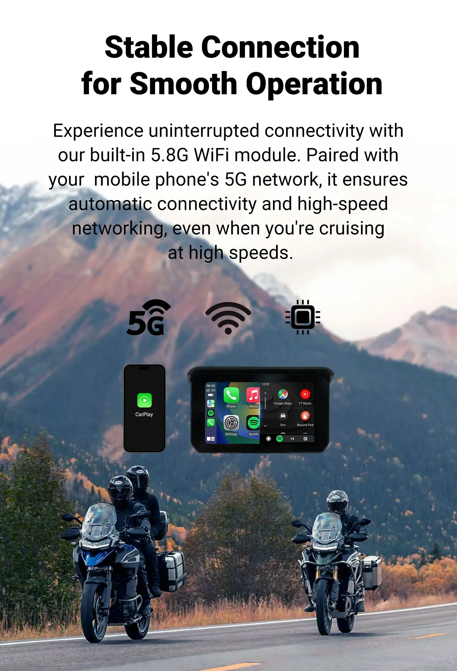 Navigazione GPS portatile per moto da 5 pollici IP67 Supporto impermeabile Carplay e connessione wireless automatica Android con WIFI BT FM