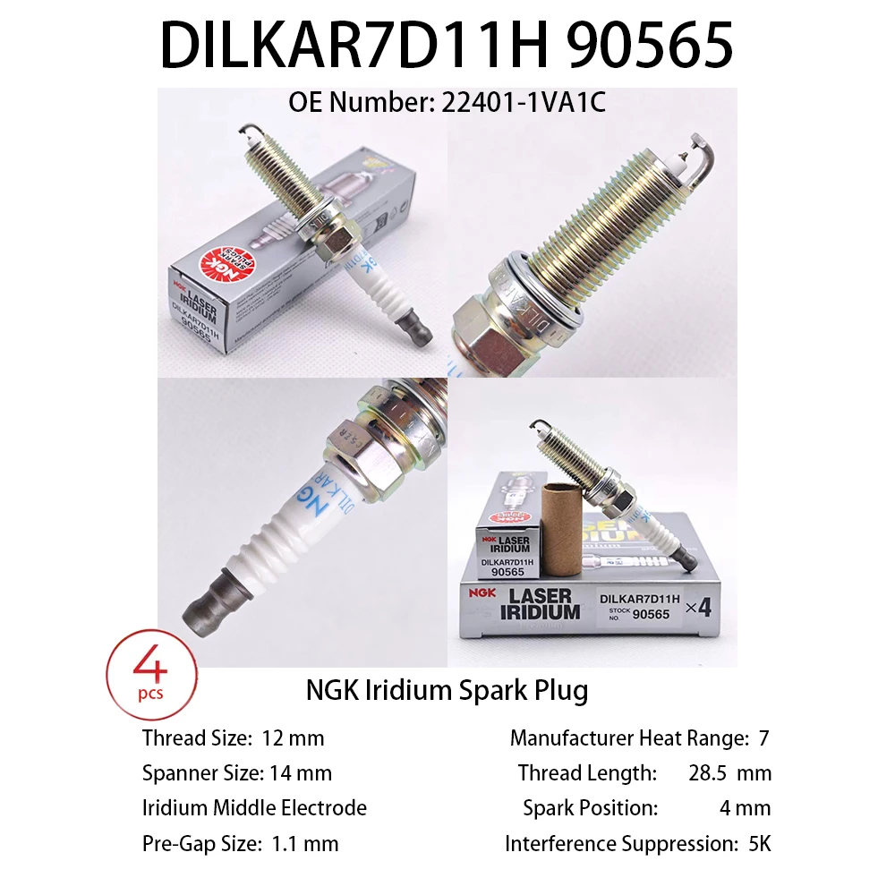 4pcs Original NGK Iridium Spark Plug DILKAR7D11H 90565 Suitable For NISSAN Teana Qashqai X-Trail RENAULT Koleos OEM 22401-1VA1C