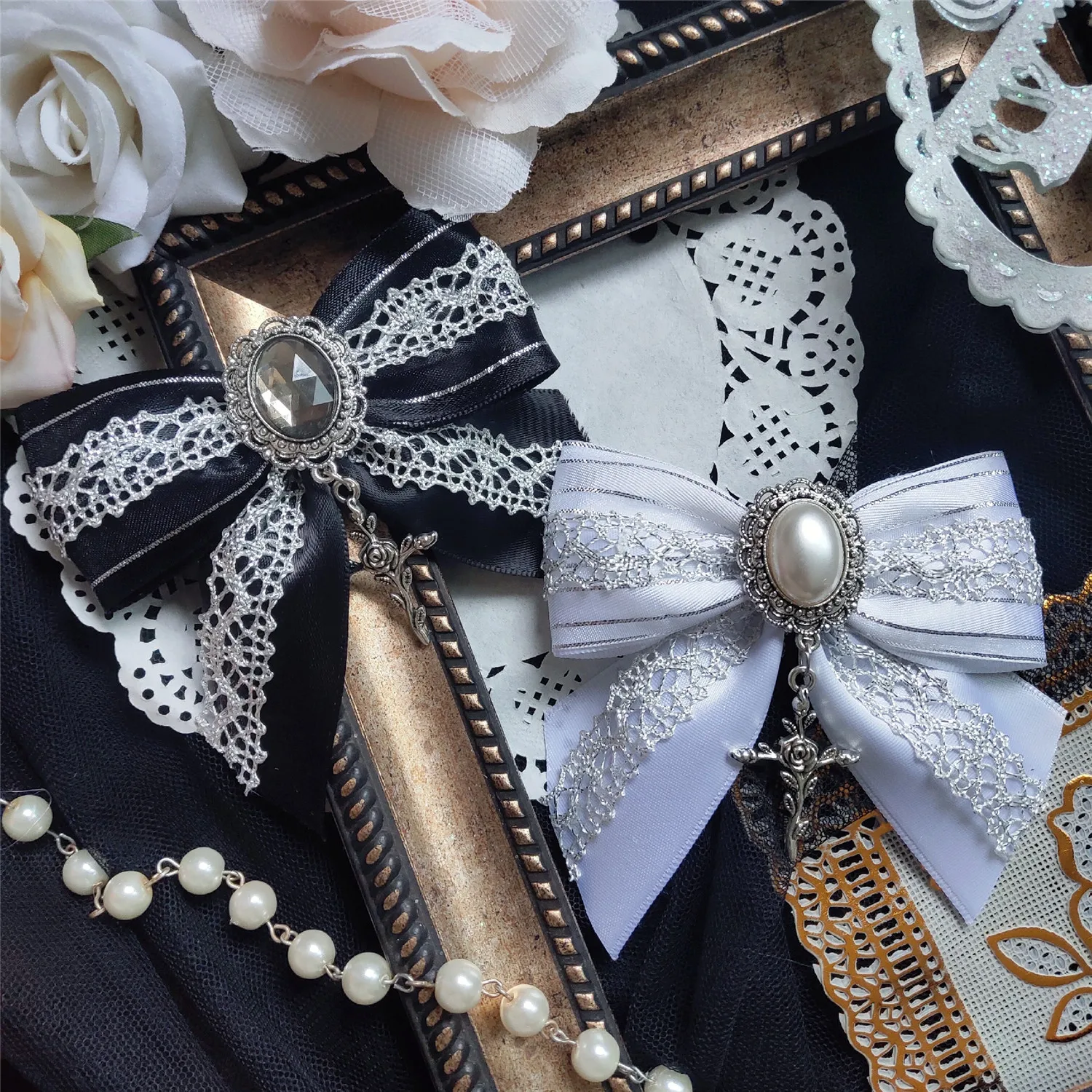 lolita Gothic vintage hand made lace bow ita bad Support stick Cheerful fan quadratic element ribbon Cross Ribbon Award