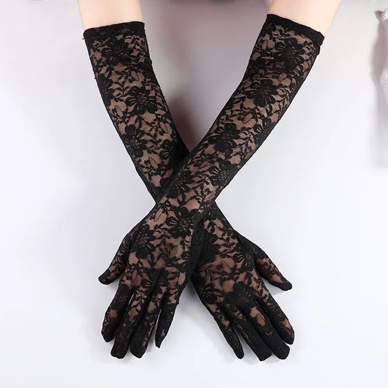 41 Kleuren Effen Dot Kant Semi-Doorschijnende Lange Handschoenen Elegant Tule Mesh Vrouwen Bruiloft Full Finger Wanten Dansfeest Rijden Decor