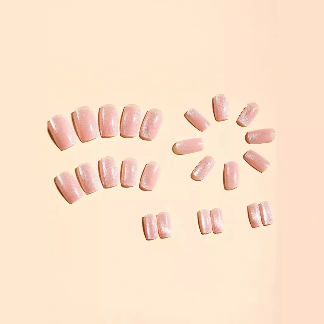 Short Medium fake nails for women Glossy cat eyes pink colors nail tips in ballet shape full cover reusable press on false nail