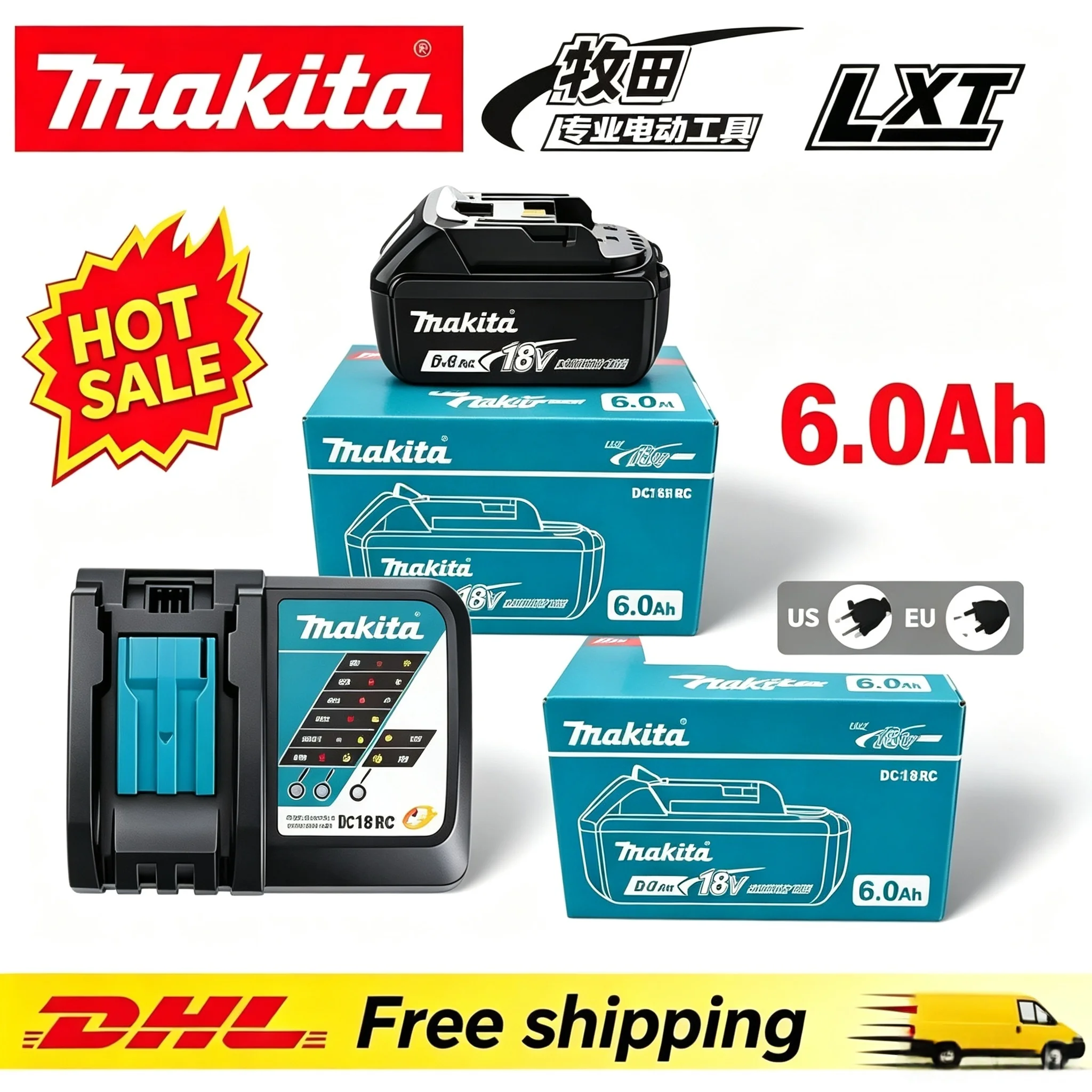 Makita BL1860B 18V 6.0Ah LXT Battery + DC18RC Fast Charger Kit, Power Display, EU/US Plug Option, Original Box.