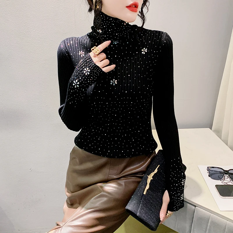 MadBlack European Clothes Sweater Women Turtleneck Hot Drill Thicken Warm Knit Slim Tops Long Sleeve Autumn Winter T30677JM