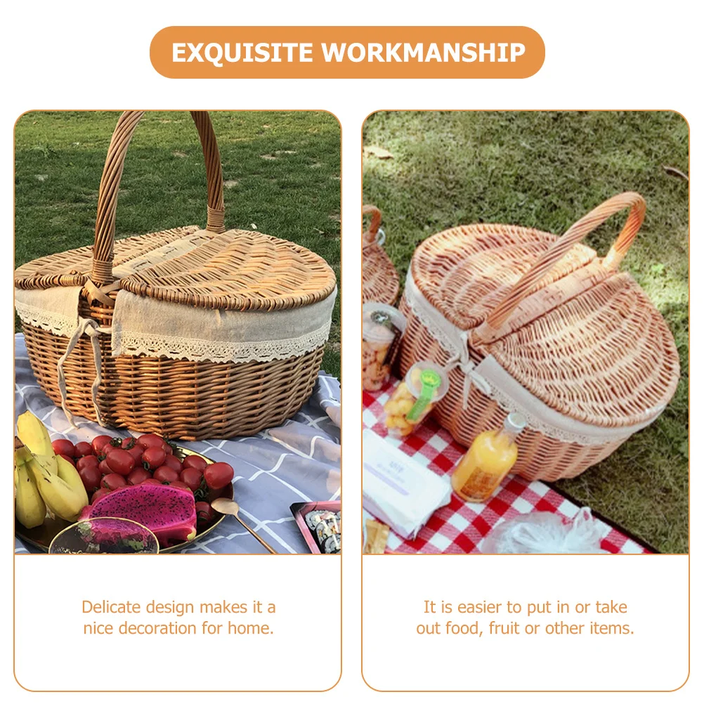 

Wicker Storage Basket with Lid Hand-Woven Portable Picnic Fruit Vegetable Bread Basket Decorative Organizer for Home Outdoor
