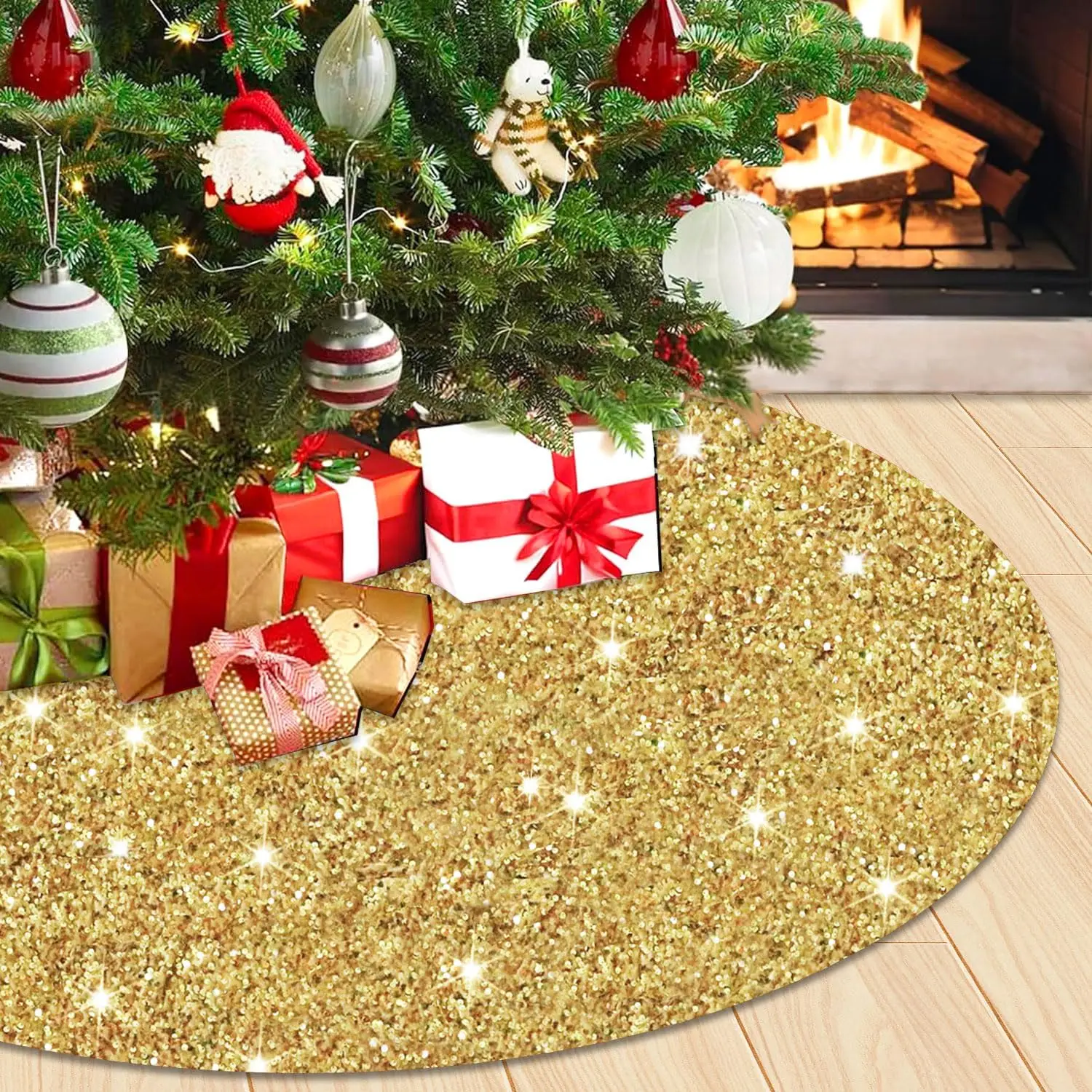 

Gold Christmas Tree Skirt, 3 Pieces 48 Inch Gold Sequin Xmas Tree Mat - Glitter Tree Collar Layers for Gold Christmas Decoration