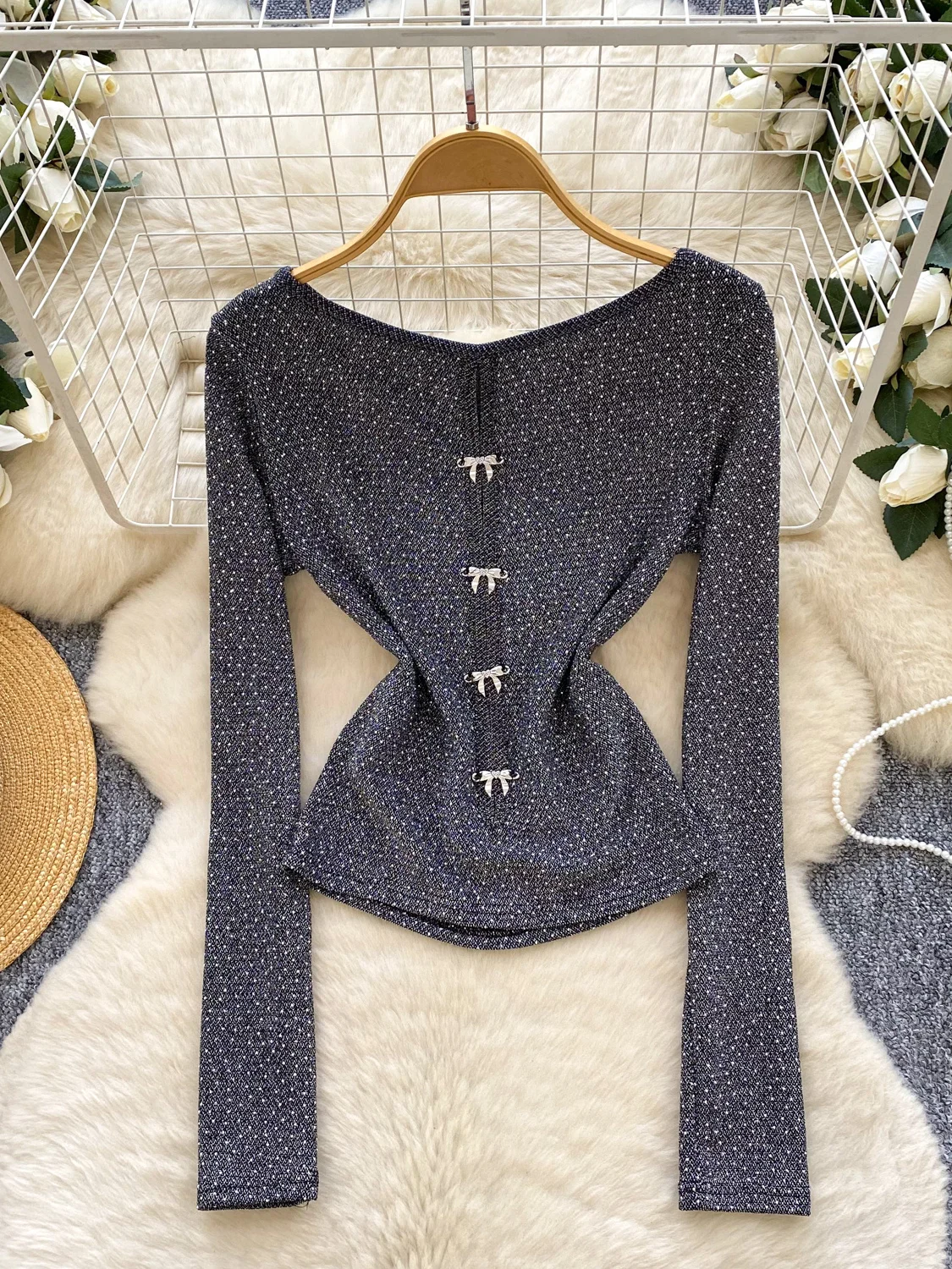 Faionable Slim Fit Long Sve Hollow out Button Design T-Shirt Damen Base Layer irt Diamond Heat Transfer Herbst Sle